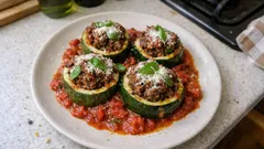 Gefüllte Rondini aus dem Ofen: saftige Hackfüllung in Tomatensauce (low carb)