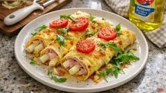 Überbackene Spargel-Pfannkuchenrollen mit Schinken – schön saftig mit Käsekruste