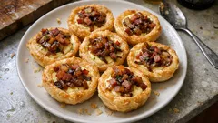 Mini-Zwiebelkuchen aus Blätterteig: knusprig gebacken, innen schön saftig