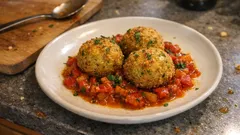 Knusprige Zucchinibällchen mit Tomaten-Paprika-Gemüse – so werden sie innen zart
