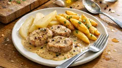 Schweinemedaillons in Pfeffer-Sherry-Sahnesauce – mit Birne und Schupfnudeln